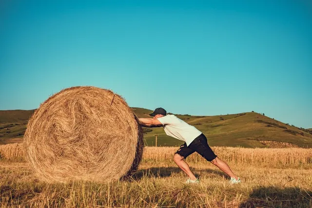 man-pushing-hay-bail